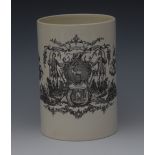 A Wedgwood cylindrical mug, printed in black with arms of the Society of Bucks, loop handle, 15.