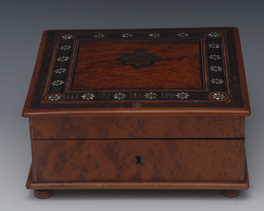 A 19th century French amboyna and brass and abalone marquetry jewel box,