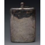 A large George V silver curved rounded rectangular hip flask, inscribed Presented to Lieut. Col. W.