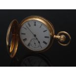 A Victorian 18ct gold half-hunter keyless pocket watch, white dial, bold Roman numerals,