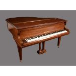 A mahogany baby grand piano, by Challen for Harrods, tapered square legs, brass cup casters,