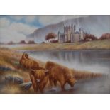 A Bronté porcelain plaque, painted by T**Young, signed, with Highland Cattle at Glamis Castle,