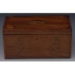 A George III Sheraton style inlaid mahogany rectangular two-section tea caddy,