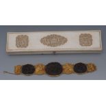 A fine Cantonese carved tortoiseshell and gold filigree panelled bracelet,