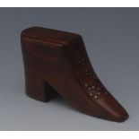 An early 19th century mahogany novelty snuff box, as a shoe, sliding cover,