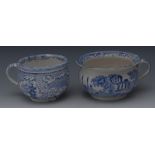 A 19th century blue and white pottery dining room chamber pot, transfer printed with a mosque,