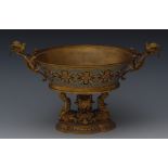 A 19th century French Champleve enamelled ormolu tazza, tapering oval bowl,