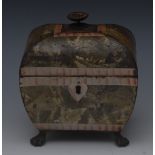 A Regency toleware bombe shaped tea caddy, hinged cover with brass gadrooned knop finial,