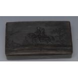 An early 19th century pressed horn rectangular snuff box, hinged cover with a titled scene,