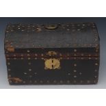 A George III brass studded leather dome top document box, brass swan neck handle, 30.5cm wide, c.