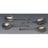 A silver seal top spoon, tear shaped bowl, 17cm long, indistinctly marked; others,