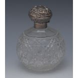 An Edwardian silver mounted hobnail-cut clear glass globular scent bottle,