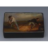 A 19th century papier mache rectangular snuff box, hinged cover painted with gentlemen wildfowling,