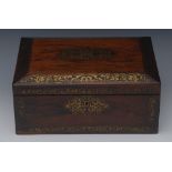 A post-Regency rosewood and brass marquetry rectangular work box,