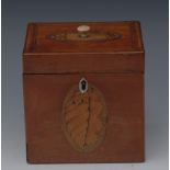 A George III satinwood and marquetry cube caddy, hinged cover,