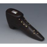 A 19th century rosewood novelty snuff box, as a shoe, decorated with brass studs,