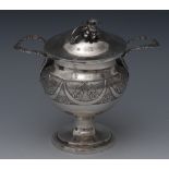 A 19th century German silver sugar vase and cover, asymmetric flower finial, wreath handles,