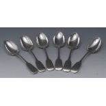 A set of six Fiddle pattern dessert spoons, John Stone, Exeter 1845, 10.