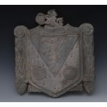 Architectural Salvage - a lead cartouche shaped coat of arms, 43cm high, 39.