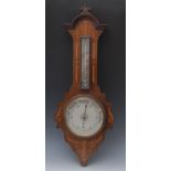 A Sheraton Revival mahogany and marquetry aneroid wheel barometer,