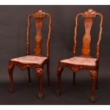 A pair of 19th century Dutch walnut and marquetry high back side chairs, in 18th century style,
