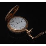 A lady's diamond set tri-colour gold Hunter fob watch, white dial, Roman numerals,