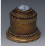 A 19th century jasperware mounted gilt metal cylindrical jewel box,