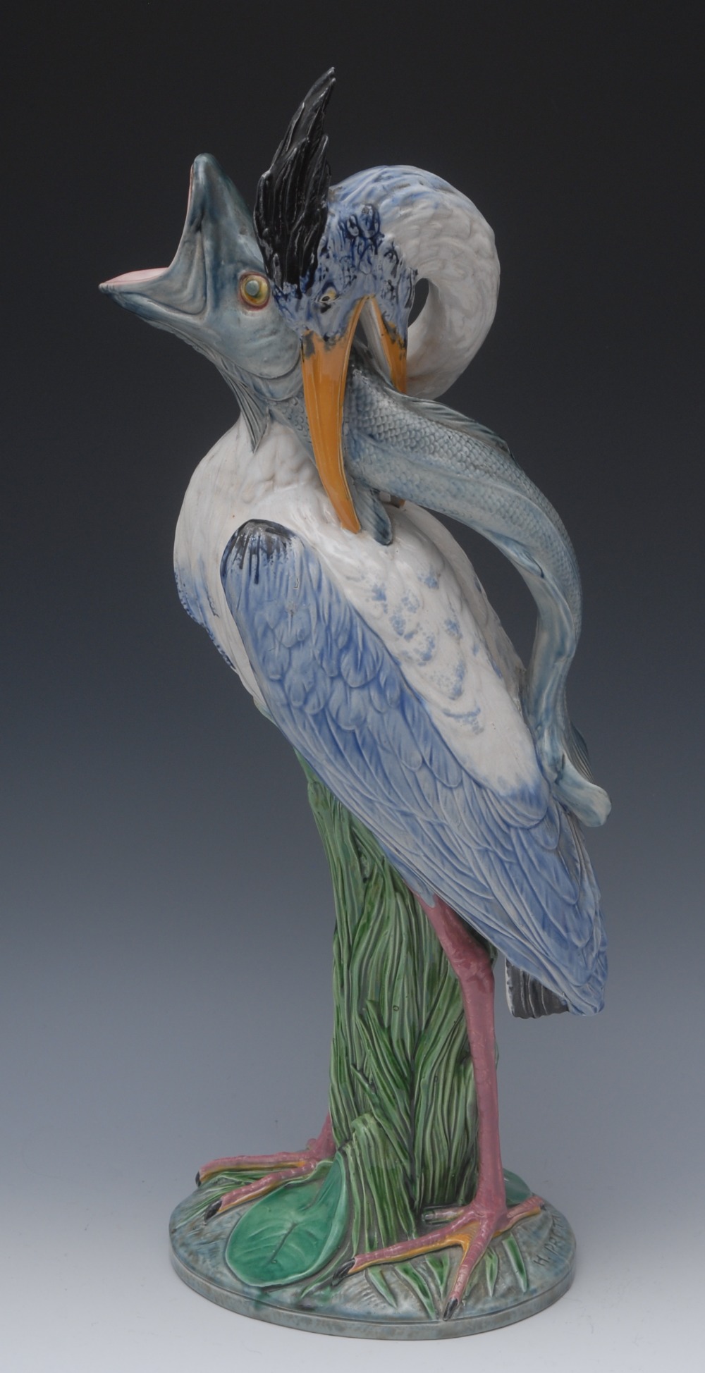 A Minton majolica Heron and Pike ewer, modelled by Hugues Protât,