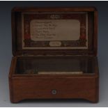 A 19th century rosewood crossbanded walnut musical box, 9cm cylinder six airs on a one-piece comb,