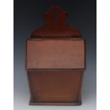 A 19th century mahogany wall hanging candle box, shaped cresting, hinged sloping cover, 24.