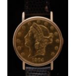 A Mathey Tissot 18 Carat gold Twenty Dollar Coin head wristwatch ,