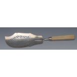 A George III silver fish slice, the blade pierced and chased, ivory handle, 29.