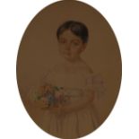 Susan Tompkinson (mid 19th century)
Portrait of a Flower Girl
watercolour, inscribed to verso, oval,