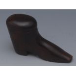 An early 19th century mahogany novelty snuff box, as a shoe, pivoting cover, 6.