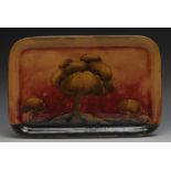 An unusual Moorcroft Eventide rounded rectangular tray, tube lined tree landscape in tonal green and