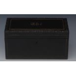 A 19th century French brass marquetry and ebonised rectangular tea caddy,