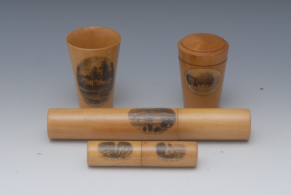 A Mauchline ware tapered cylindrical beaker,