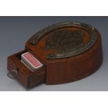 A late Victorian brass mounted oak novelty horseshoe shaped cribbage box,