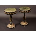 A pair of 19th century gilt metal mounted ebonised pedestal centre tables,