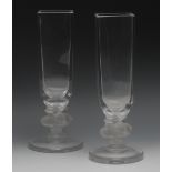 A pair of Lalique Shiraz pattern tall rounded square vases, twin deer columns,