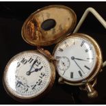 A Waltham gold plated half hunter pocket watch, white dial, bold Roman numerals, subsidiary seconds,