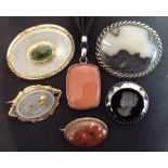 Jewellery - a 19th century yellow metal and chalcedony brooch; another; a Jasper brooch;