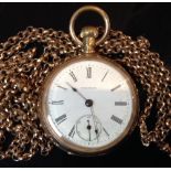 A Waltham gold plated open faced pocket watch, white enamel dial, Roman numerals,