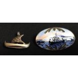 A Norwegian silver and enamelled brooch, painted and enamelled with a long ship at sail,