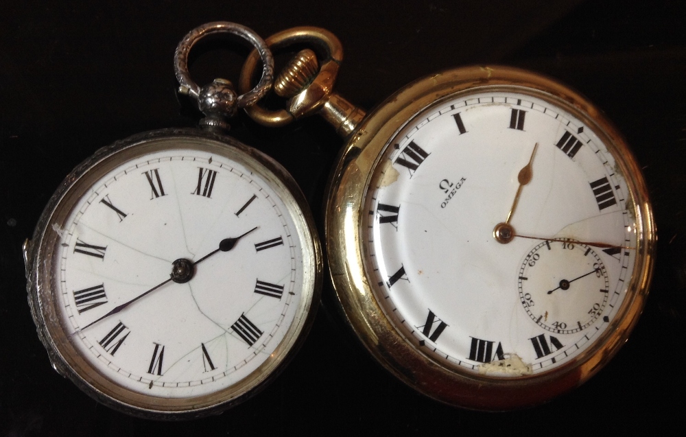 An Omega gold plated open face pocket watch, white dial, bold Roman numerals, subsidiary seconds,