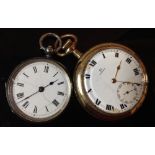 An Omega gold plated open face pocket watch, white dial, bold Roman numerals, subsidiary seconds,