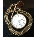 A continental 14ct gold open faced pocket watch, white dial, Roman numerals, minute track,