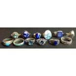 A Fusion aqua and royal blue enamelled silver ring;  a Celtic band ring;  others including abalone,