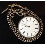 A Henry Touchon continental silver open face pocket watch, white enamel dial, Roman numerals,
