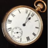 A Waltham 9ct gold open face pocket watch, white dial, Roman numerals, minute track,